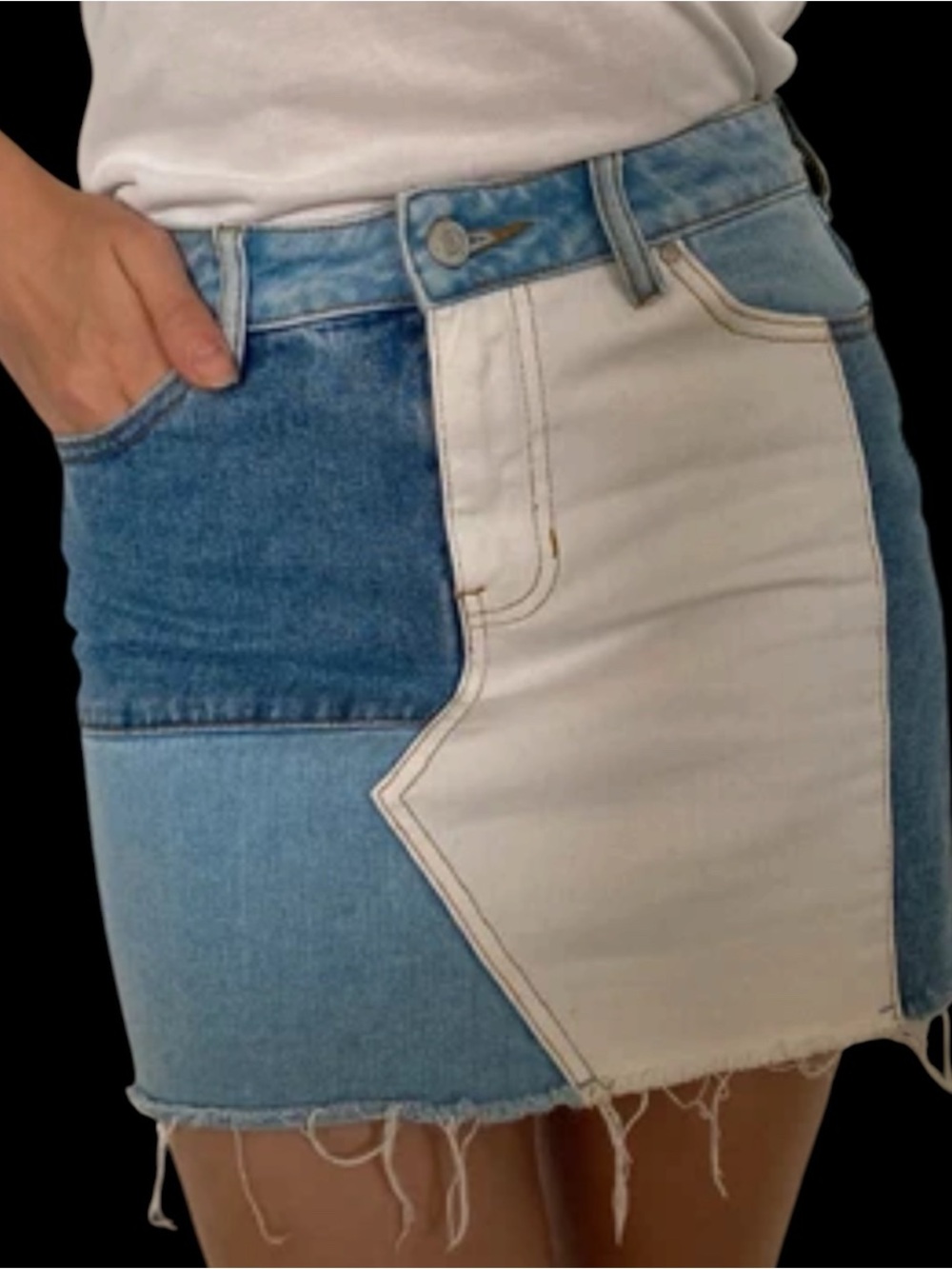 PacSun Patchwork Denim Mini Skirt in Light Blue, Dark Blue, and Cream
